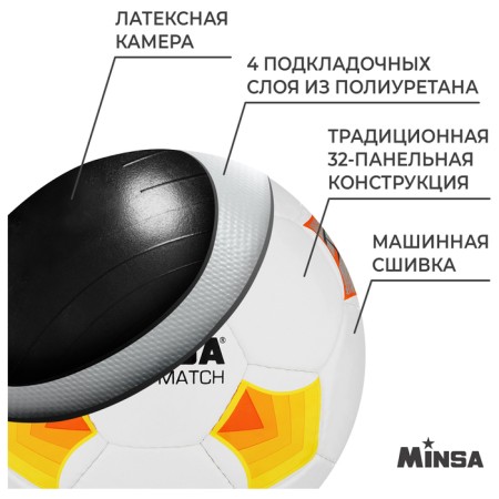 Ball football Minsa Futsal Match, PU, ​​machine stitches, 32 panels, p. 4-2