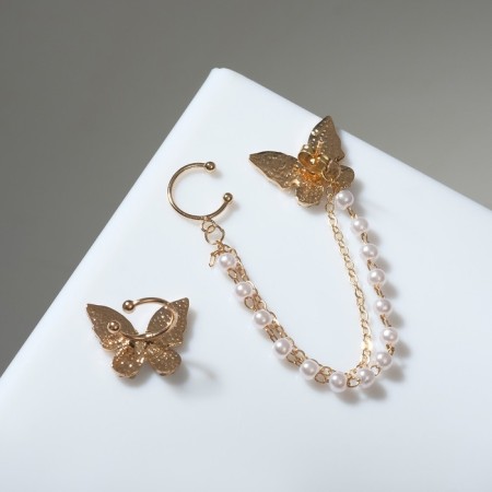 Earrings with pearls "butterfly" asymmetry, white color in gold-2