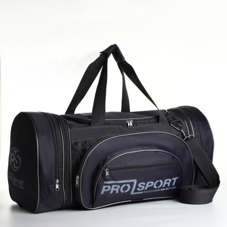 Road bag on a zipper, with an increase, 4 outer pockets, a long belt, the color is gray