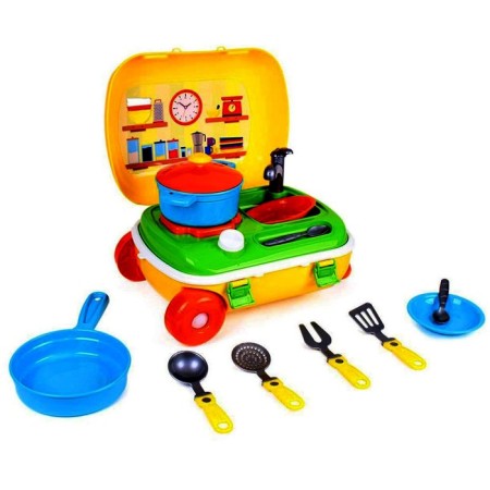 Kitchen with a set of dishes in a yellow suitcase