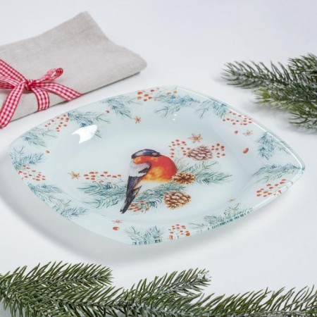 Plate flat New Year's expensive attention "bullfinch", 20 cm, glass-2
