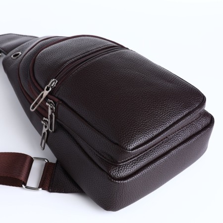 Male sling bag, artificial leather, headphone opening, brown color-5