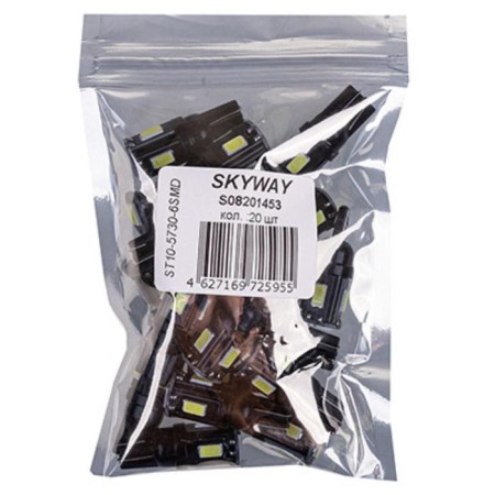 LED lamp T10 (W5W), 12V, 6 SMD diodes, without basement, 1-end, white, Skyway, S08201453-1