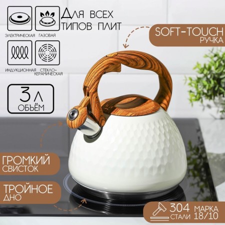 A kettle with a stainless steel whistle Magistro Heat, 3 L, TRS, Induction, Soft-Touch pen, white color