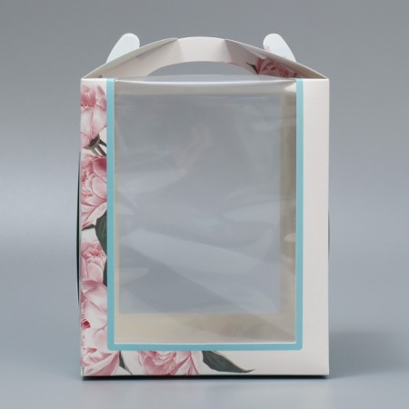 Box for small cake, confectionery packaging, “peonies”, 15 x 15 x 18 cm-1