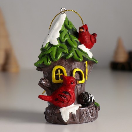 Souvenir Polystone Suspension "Birds on a snow -capped birdhouse" 7x4x9 cm-1