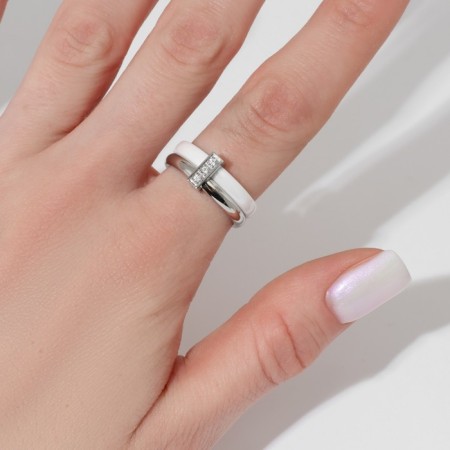 Ring ceramics "duet", white color in silver, 16.5 size-1