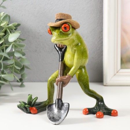 Souvenir Polystone Lac "frog with a shovel, in a straw hat" 10x15x15.5 cm-3