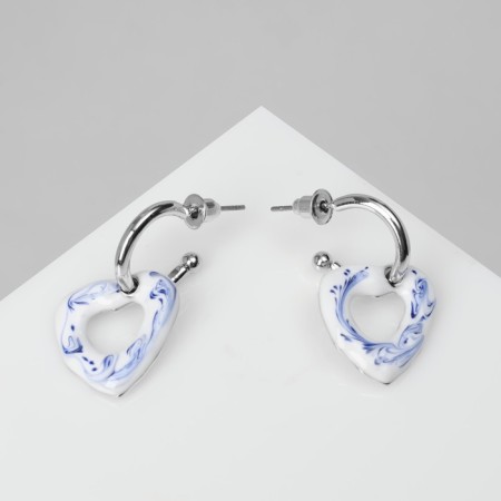 Emall earrings "Heart" stains, white-blue color in silver