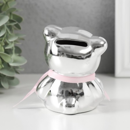 Piggy bank Ceramics "Mishutka with Bantik" silver 9x8x9.8 cm-2