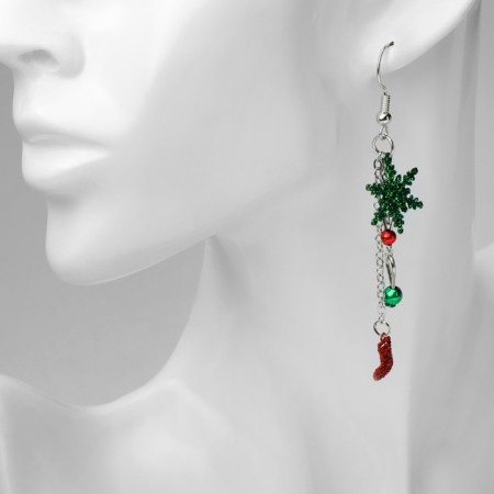 New Year! Earrings "New Year" hanging, snowflake on a chain, red-green color in silver-2