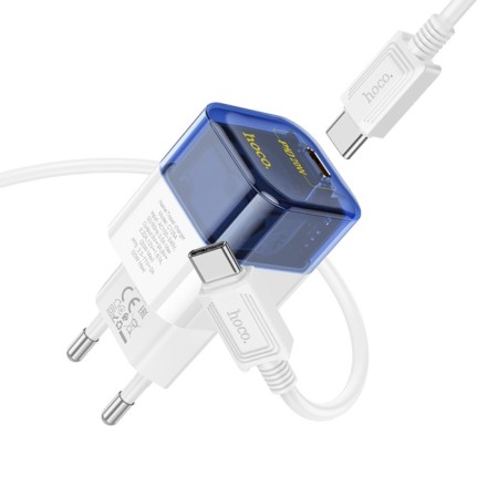 Network charger HOCO C125A, Type-C, 20 W, transparent, Type-C-Type-C, Blue-2