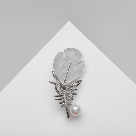 Brooch "Pen" with bead, white color in silver-1