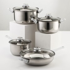 A set of stainless steel dishes are “marble”, 8 objects: bucket 1.5 l, 2 pots 2/3 l, frying pan D = 24 cm, covers, walls 0.3 mm, bottom 5 mm