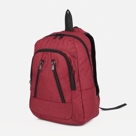 A backpack with a zipper, "saxi", an outer pocket, burgundy color