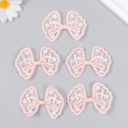 Decor for creativity Textile embroidery "Bow in white-pink flowers" 7x5.5 cm-2