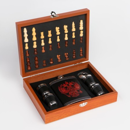Set 7 in 1: Flaw 8 OZ, with the emblem, 4 glasses, funnel, chess, 18 x 24 cm-7
