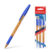 Set of ballpoint pens 3 pieces Erichkrause R-301 Amber Stick & Grip, node 0.7 mm, blue ink, rubber emphasis, Line Line length 1000 meters, euro-suspension.