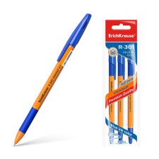 A set of ballpoint pens 3 pieces Erichkrause R-301 Orange Stick & Grip, node 0.7 mm, blue ink, rubber emphasis, length of the letter line 1000 meters, euro suspension