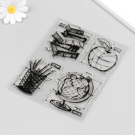 Stamp for creativity Silicon "Globe, Books, Pencil and Apple" 16x14 cm-1