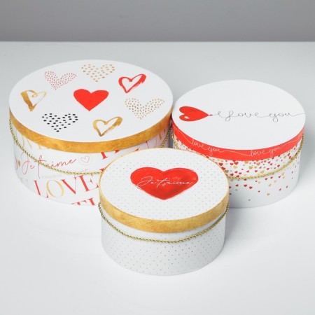 A set of round boxes 3 in 1 with a handle, gift packaging, “love”, 20 x 20 x 9.5 - 26 x 26 x 11.5 cm