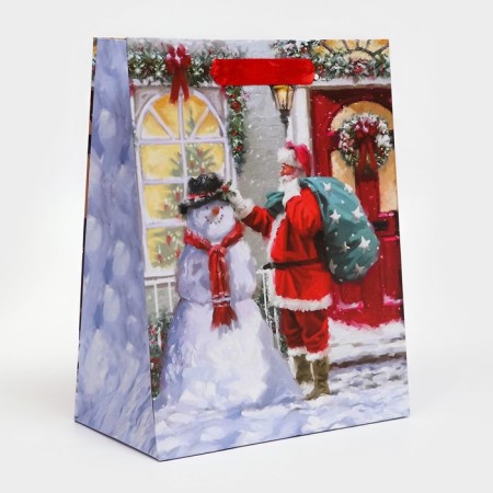 Gift, laminated, "Snowman with Santa", 18 x 23 x 10 cm