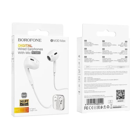 Headphones Borofone BM30 Max Acoustic, microphone, inserts, Type-C, cable 1.2 m, white-4