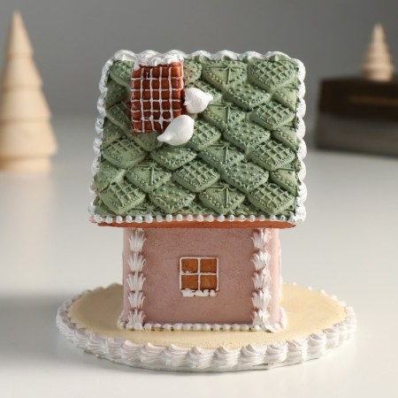 Polystone souvenir "Gingerbread house gray with a green roof" 12.5x12.5x11.5 cm-1