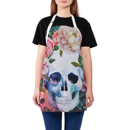 Apron kitchen with a “skull with a rose” photo print, adjustable, size OS