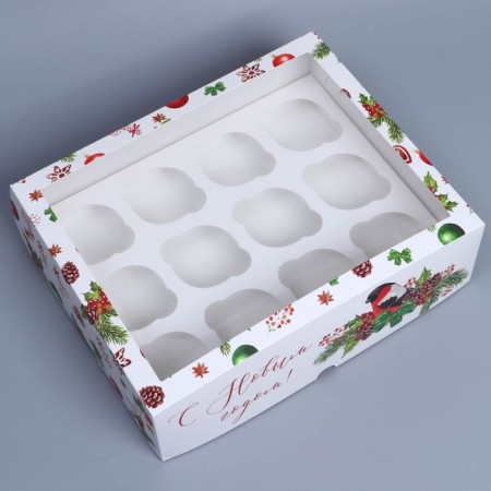 Folding box for 12 cupcakes with the Bullfinch window, 32.8 x 25.6 x 10 cm, New Year-1