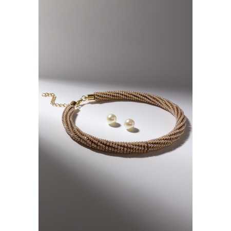 Set 2 objects: earrings, necklace with pearls "Giselle" dense thread, white-golden color, 35 cm-3