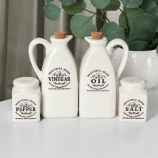 Ceramic set for spices and oils Beautiful Home, 4 items: Solonka 100 ml, List of 100 ml, Bottle for 350 ml oil, Bottle for vinegar 350 ml, white color