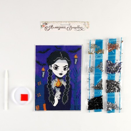 Diamond mosaic with partial filling on the canvas "Girl with pigtails", 15 x 21 cm-2