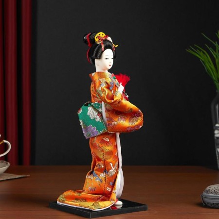 Collectible doll "Geisha in an orange kimono with a fan" 22.5 cm-1