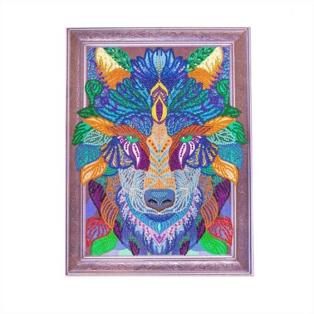 Diamond mosaic with partial filling and uniform rhinestones on the wolf frame, 30 x 40 cm-2