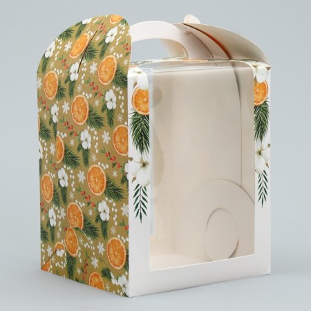 Folding box for a small cake "Orange", 15 x 15 x 18 cm, New Year-1