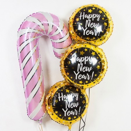 Foil ball 18 “Happy New Year. Sparks. Stars”, circle, black, golden-2