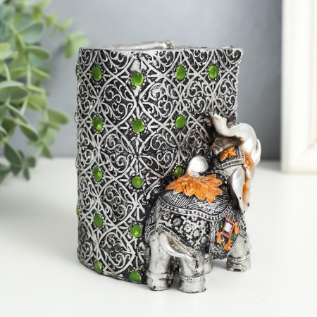 Souvenir Polystone Pencil "Elephant and Elephant in Popone with Flower" Silver 8.5x9x11.5 cm-3