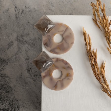Earrings Plastic "Tanzania" marble circles, brown-gray color-1