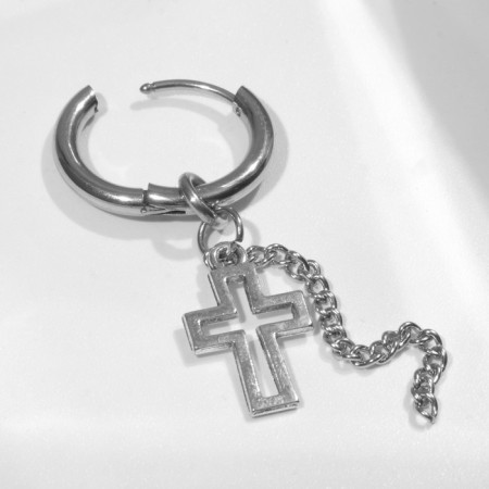 Piercing in the ear "Ring" Cross with a chain, d = 15 mm, color silver-1