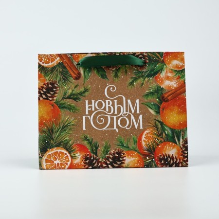 Craft vertical package “Happy New Year”, tangerines, MS 18 x 23 x 10 cm, New Year-2