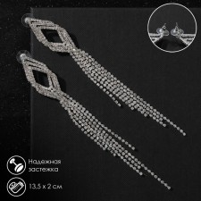 Hanging earrings with Hollywood rhinestones with threads, white color in silver, 13.5 cm