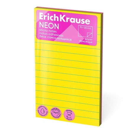 Block with a sticky edge paper 75x125 mm Erichkrause "Neon", 100 sheets, 4 colors. With Linovka
