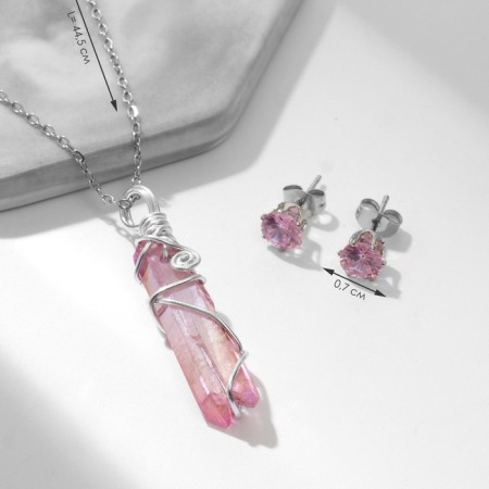 Set 2 objects: earrings, pendant pendant, pink color in silver-2