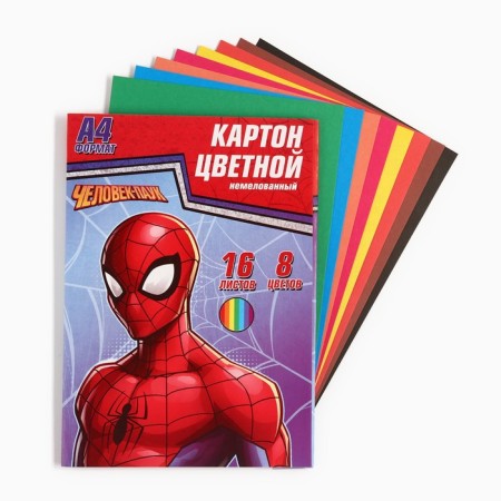 Cardboard color, A4, 16 sheets, 8 colors, non-unilateral, in folder, 220 g/m², Spider-Man-1