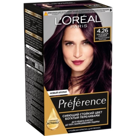 Hair dye l’Oreal Preference Recital "noble plum", tone 4.26, saturated cold purple