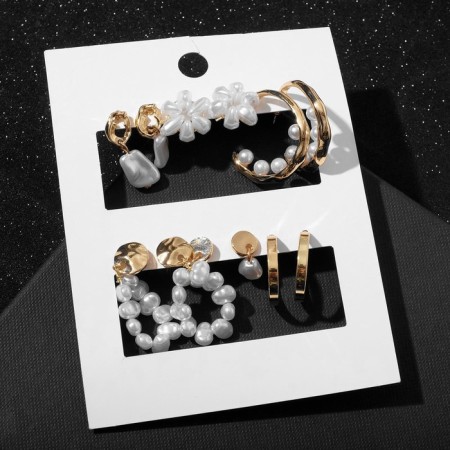 Earrings set 6 pairs "Pearls" with rings, white color in gold-1
