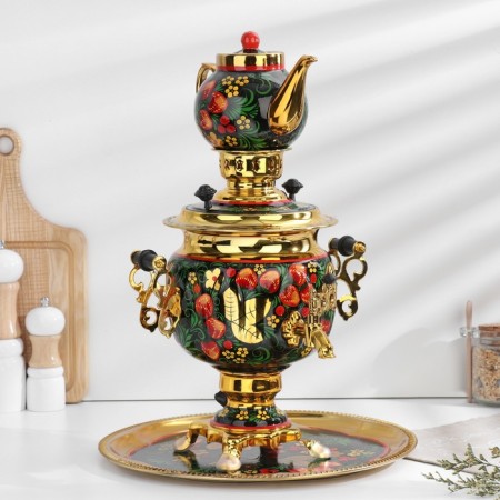Khokhloma set, oval, 3 objects, samovar 3 l, a teapot 0.7 l, tray-12