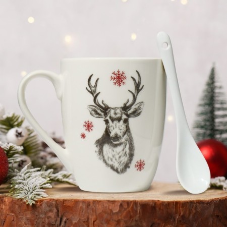 Ceramic mug with a spoon "Deer", 310 ml, white color-1
