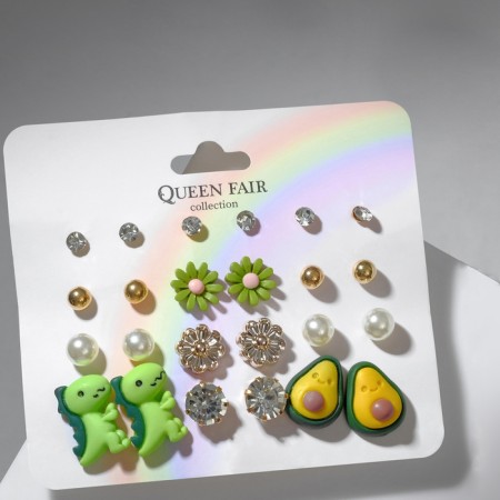 Set of earrings 12 pairs "Yummy" dinosaurus and avocado, colored in gold-1